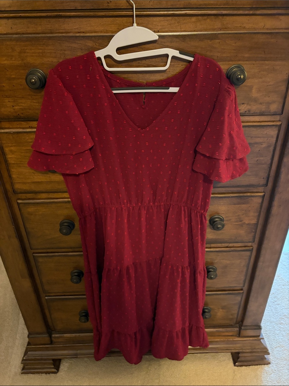 Women’s Red V-Neck Tiered Short Sleeve Dress